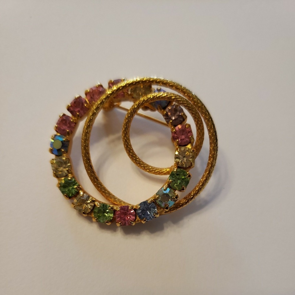 Vintage Brooch Gold Tone Multi Colored Rhinestones Jewelry Costume Interlooped